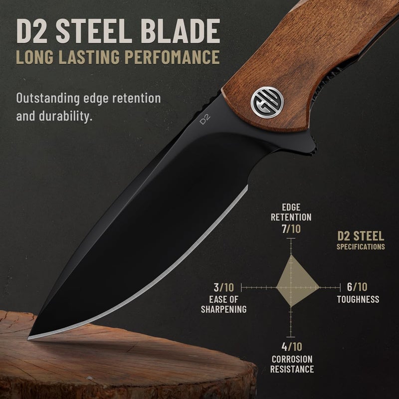 GOOD WORKER Legal Pocket Knife - 2.95" D2 Steel Sharp Blade - Dark Guibourtia Wood Handle, Ball Bearing Pivot- Folding Knives with Pocket Clip - Perfect for EDC, Camping, Survival - Gifts for Men - 6700 V - Image 3